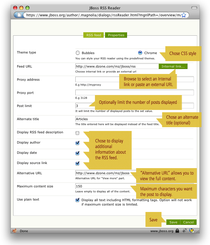 RSS Reader settings