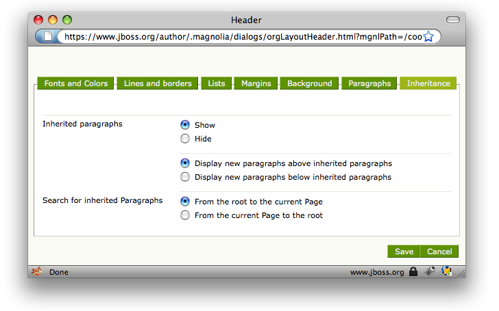 header inheritance properties